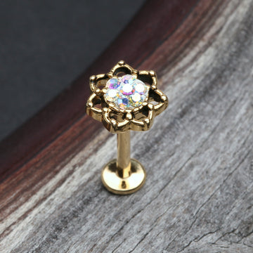 Detail View 1 of Golden Lotus Flower Sprinkle Sparkle Filigree Steel Labret-Aurora Borealis